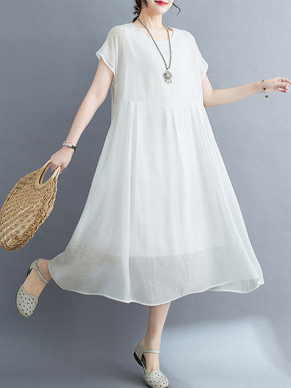 Loose Short Sleeves Color Split-joint Round-neck Midi Dresses