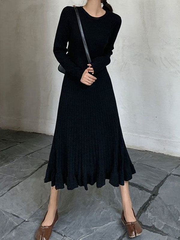 Long Sleeves Loose Ruffled Color Round-neck Midi Dresses Sweater Dresses