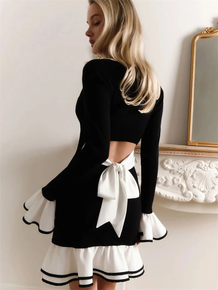 Ruffled Backless Tee Bow Mini Dress Female Slim High Waist Party Dress Commute Clothes Summer Dress