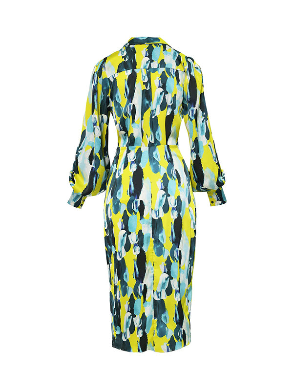 High Waisted Long Sleeves Asymmetric Pleated Printed Split-joint Deep V-neck Midi Dresses