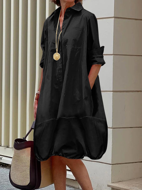 Long Sleeves Loose Color Lapel Collar Midi Dresses Shirt Dress