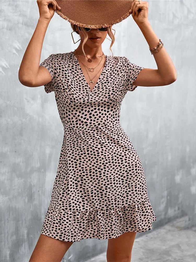 Summer Short Dress V Neck Print Party Dress Flower Mini Dress for