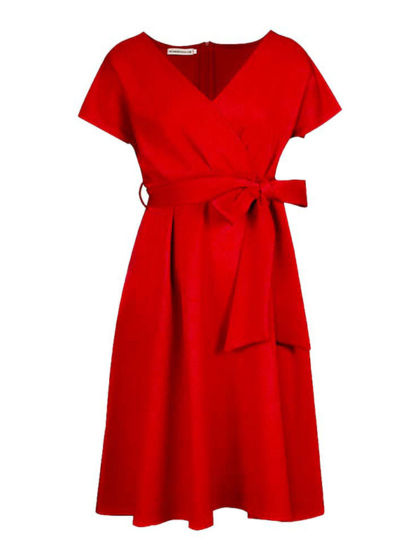 Bowknot Lace-up Color V-neck Midi Dresses