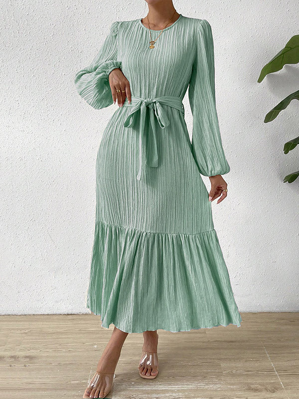 A-line Long Sleeves Elasticity Pleated Color Split-joint Tied Waist Round-neck Midi Dresses