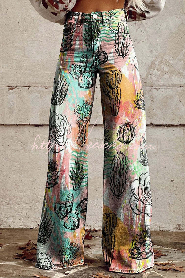 Unique Print Button Pocket Wide Leg Pants