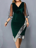 Bodycon Wrap Contrast Color Mesh Sequined Split-joint V-neck Midi Dresses