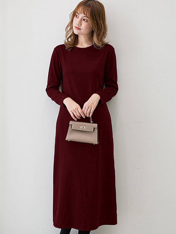 Simple Color Round-neck A-line Midi Dress