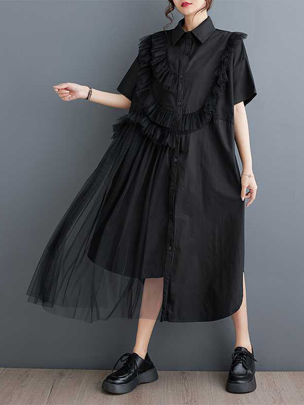 A-line Half Sleeves Asymmetric Buttoned Ruffled Color Split-joint Lapel Midi Dresses Shirt Dress