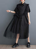 A-line Half Sleeves Asymmetric Buttoned Ruffled Color Split-joint Lapel Midi Dresses Shirt Dress