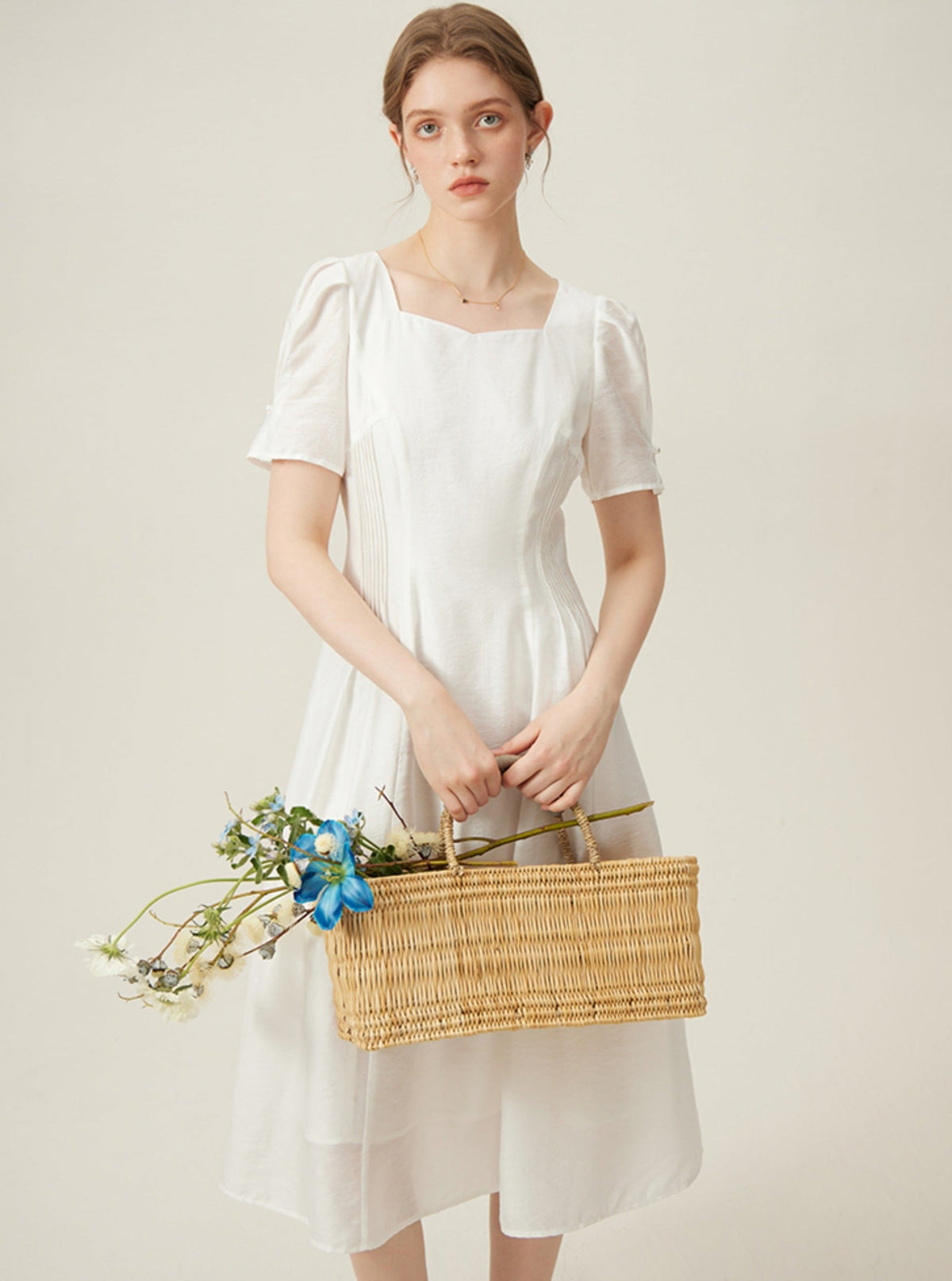 Classic White Midi Dress With Puff Sleeves