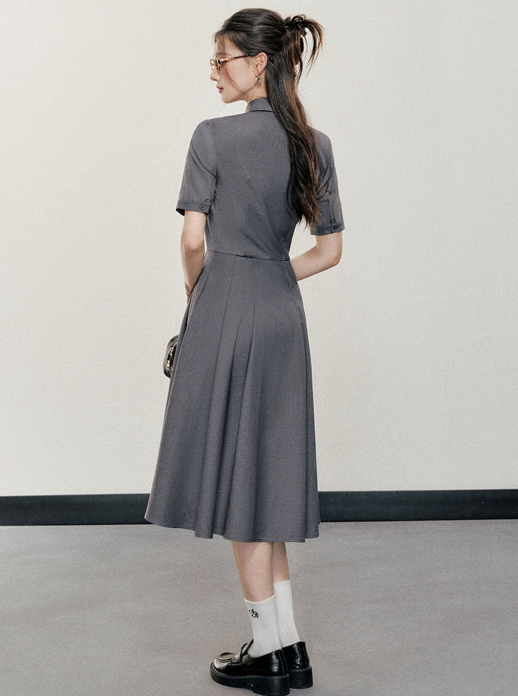 Charcoal Gray Shirt Dress: A-line Button-down With Short Sleeves and Collared Neckline