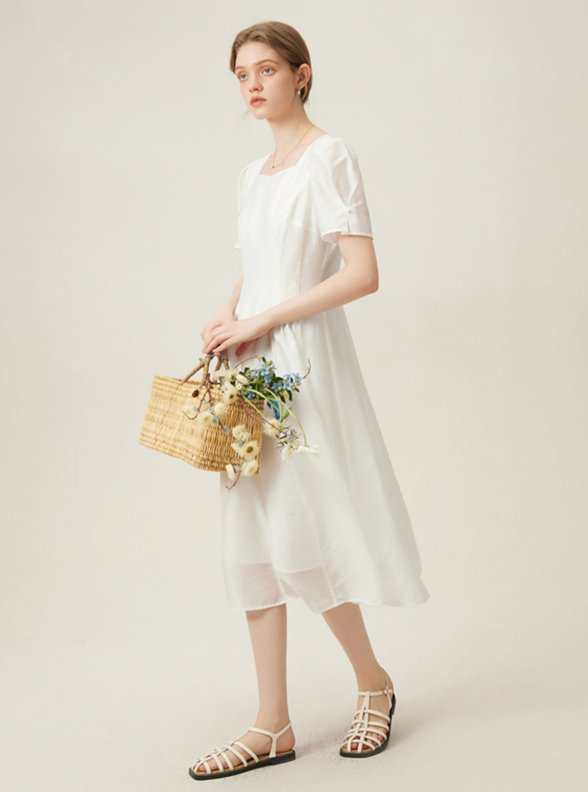 Classic White Midi Dress With Puff Sleeves