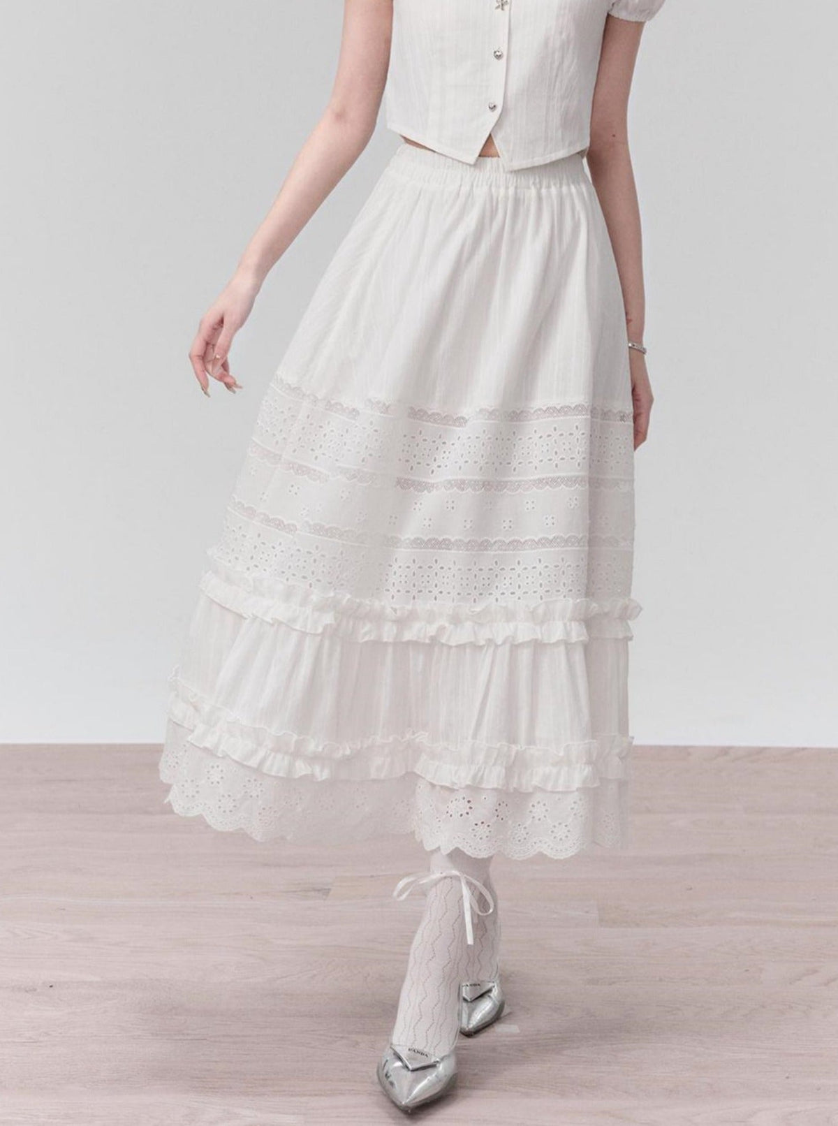 Ethereal Elegance Two-piece Set: Puff Sleeve Crop Blouse & Tiered Lace Midi Skirt - Pure White