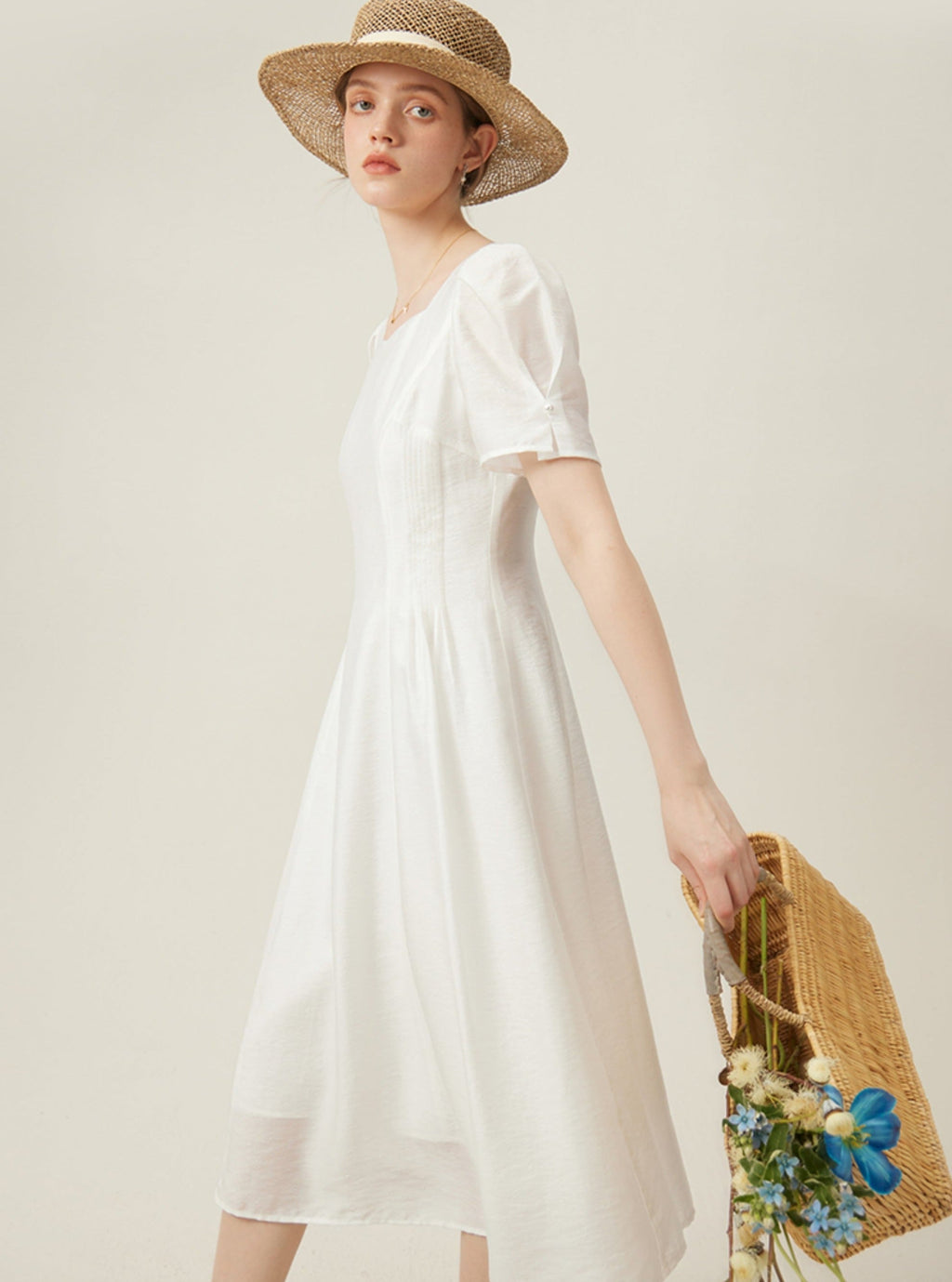 Classic White Midi Dress With Puff Sleeves