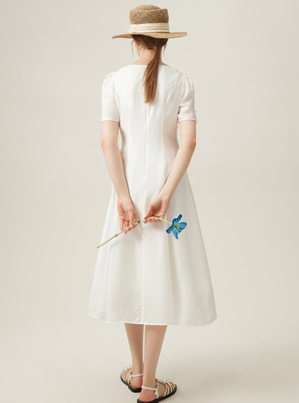 Classic White Midi Dress With Puff Sleeves