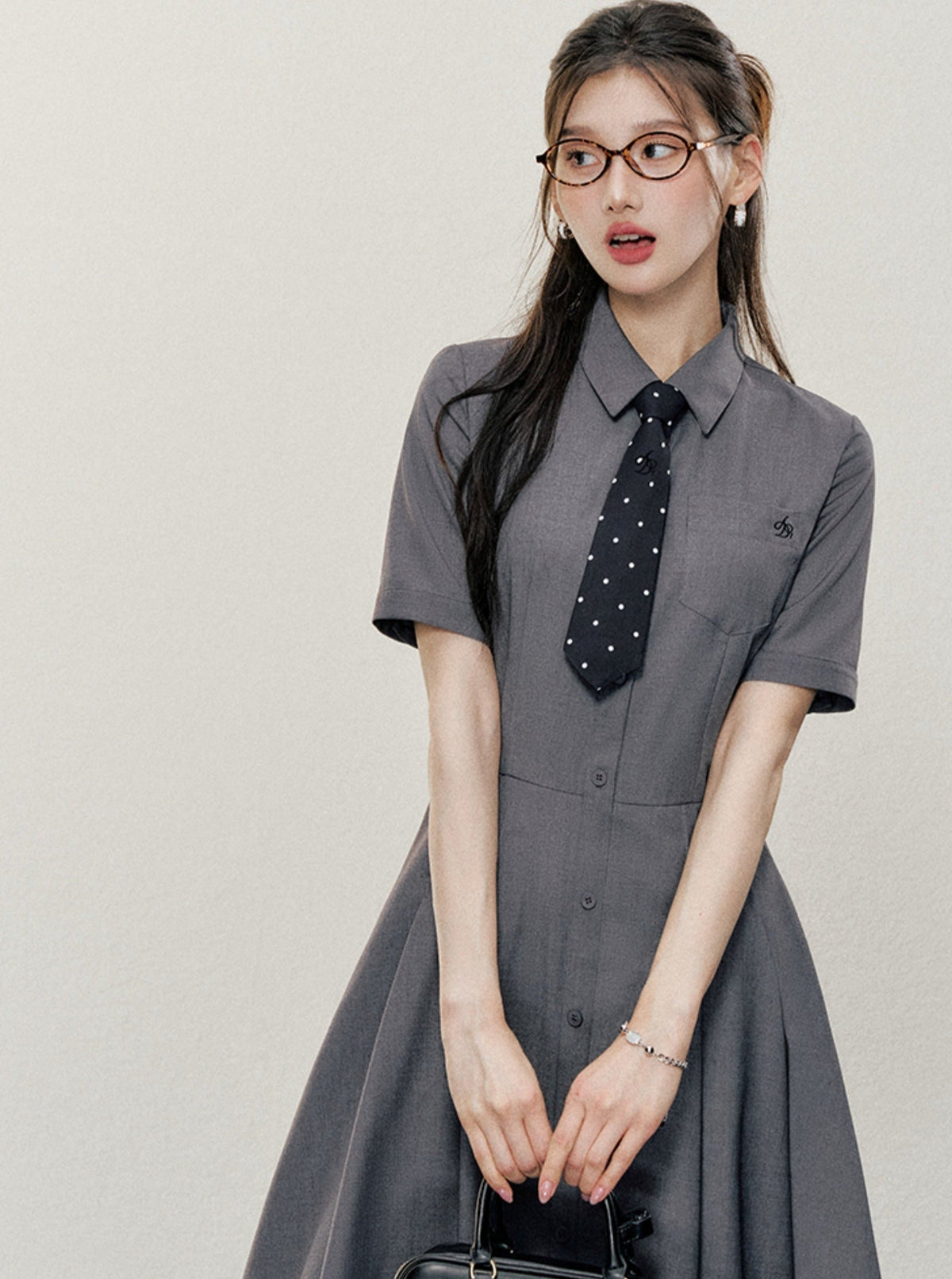 Charcoal Gray Shirt Dress: A-line Button-down With Short Sleeves and Collared Neckline