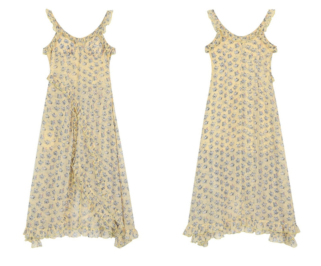 Butterfly Print Ruffle Midi Dress