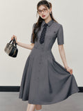 Charcoal Gray Shirt Dress: A-line Button-down With Short Sleeves and Collared Neckline