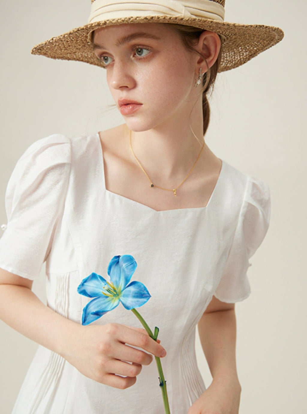 Classic White Midi Dress With Puff Sleeves