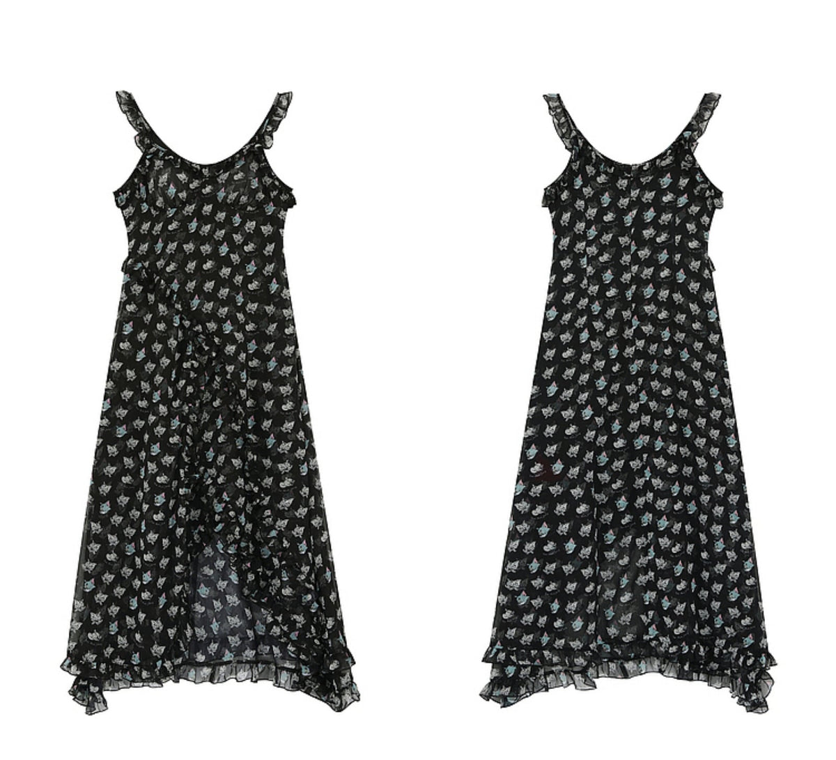 Butterfly Print Ruffle Midi Dress