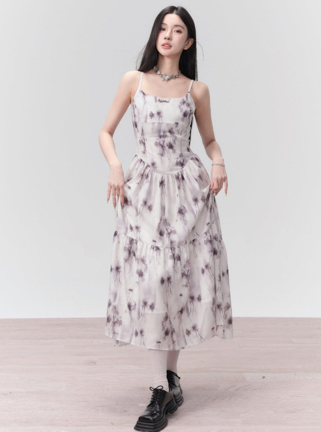 Ethereal Spaghetti Strap Midi Dress in Lavender Mist