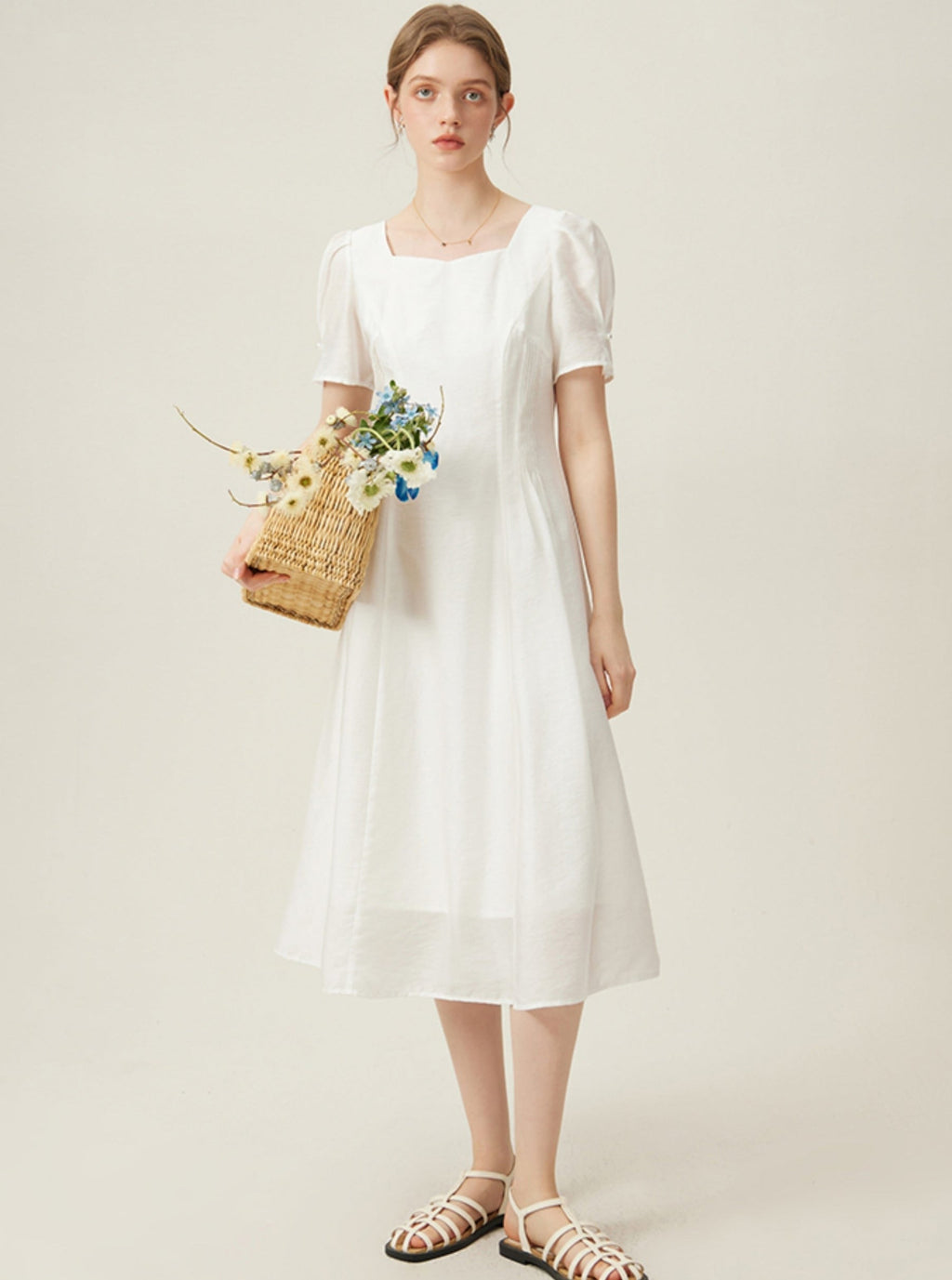 Classic White Midi Dress With Puff Sleeves