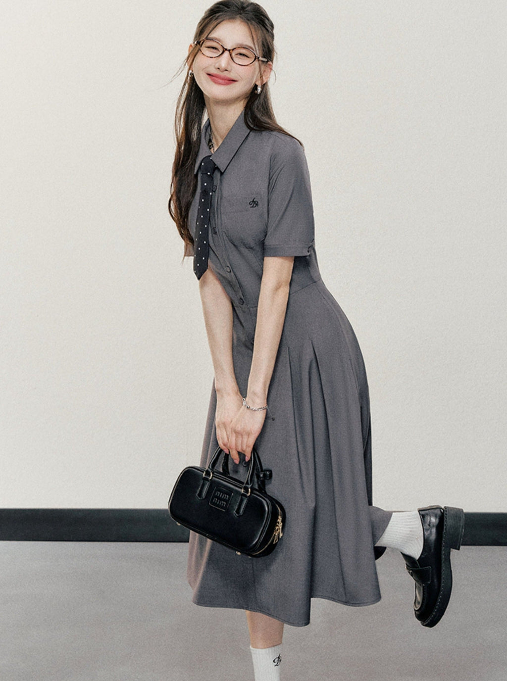 Charcoal Gray Shirt Dress: A-line Button-down With Short Sleeves and Collared Neckline