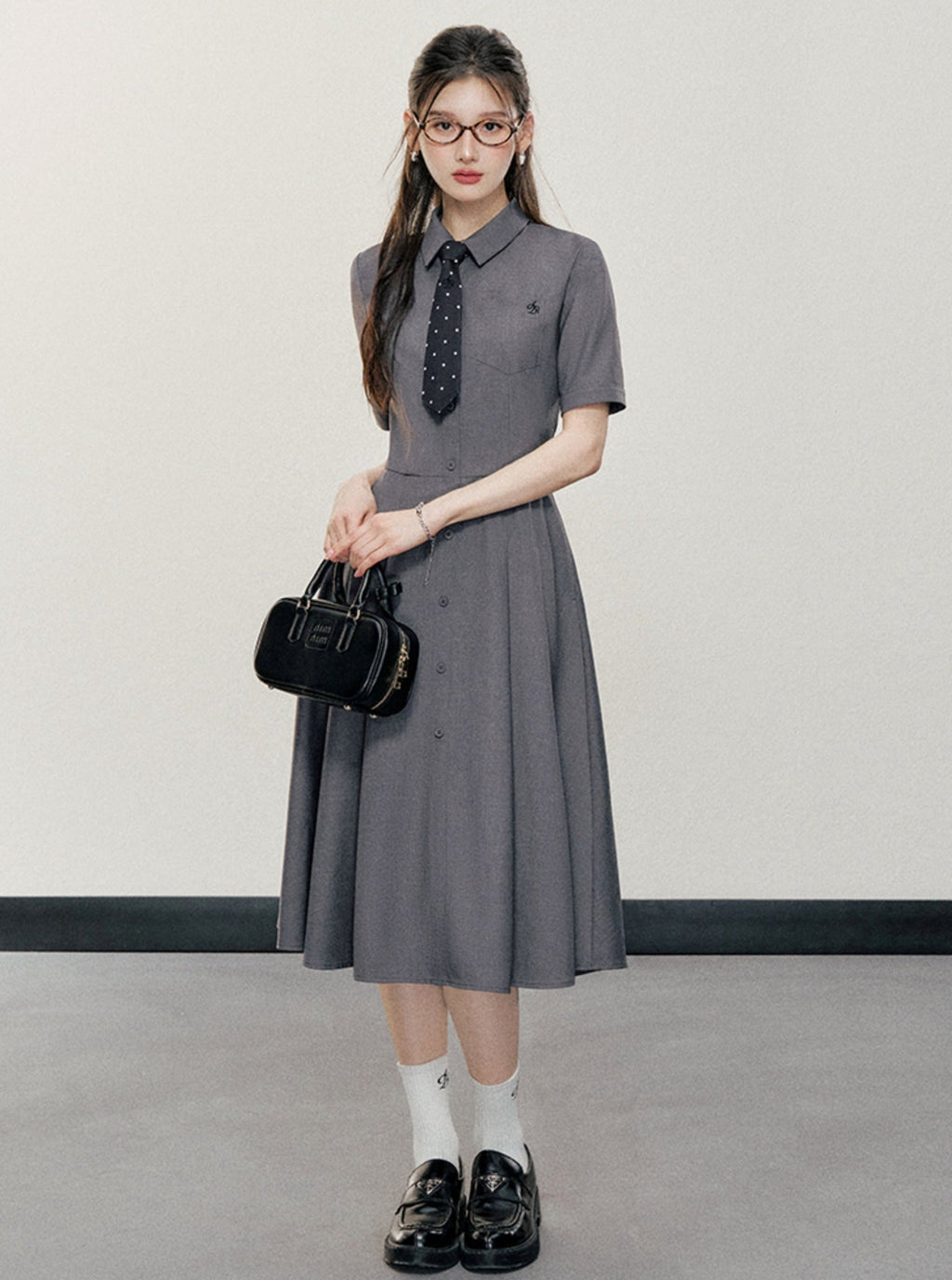 Charcoal Gray Shirt Dress: A-line Button-down With Short Sleeves and Collared Neckline