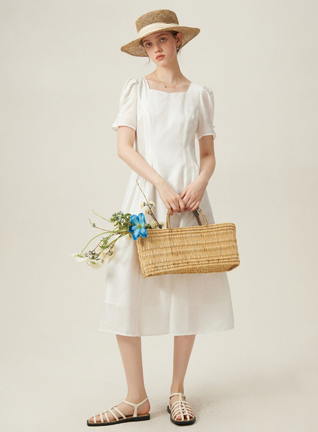 Classic White Midi Dress With Puff Sleeves
