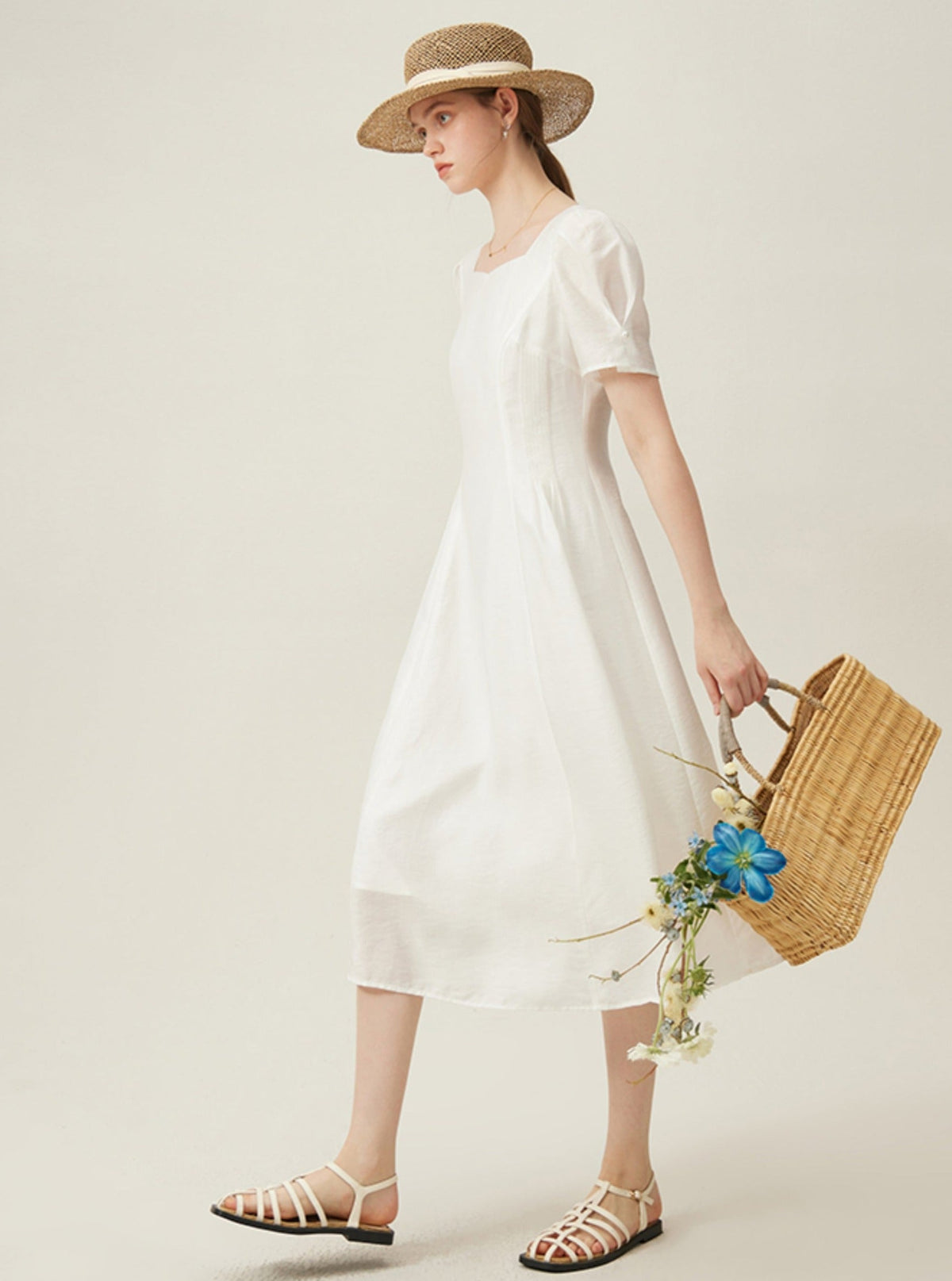 Classic White Midi Dress With Puff Sleeves