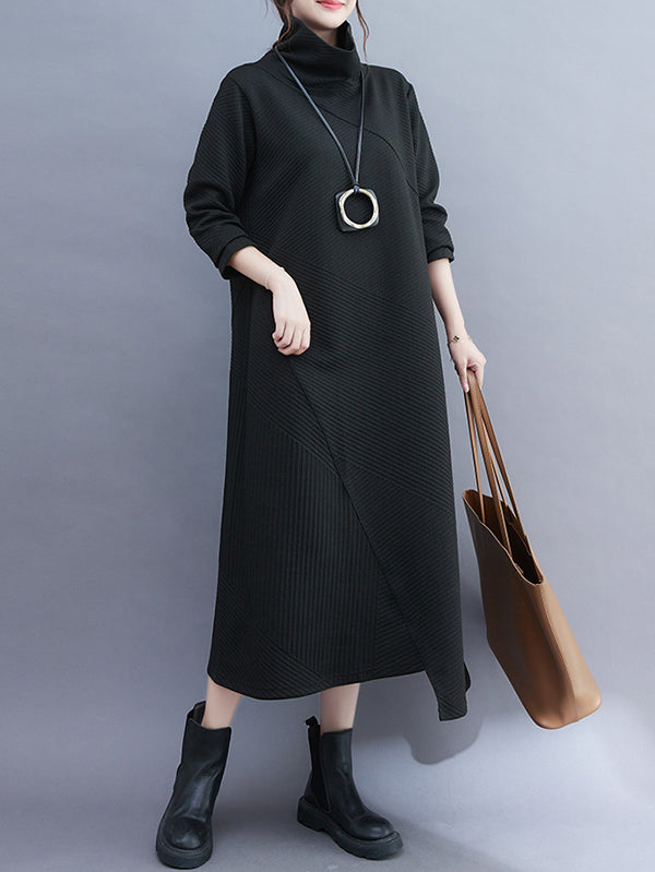 Irregularity Long Sleeves Color High-neck Midi Dresses