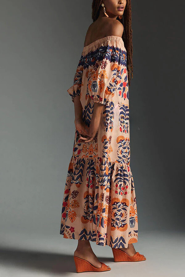 Island Lover Printed Off the Shoulder Pocketed Flowy Midi Dress