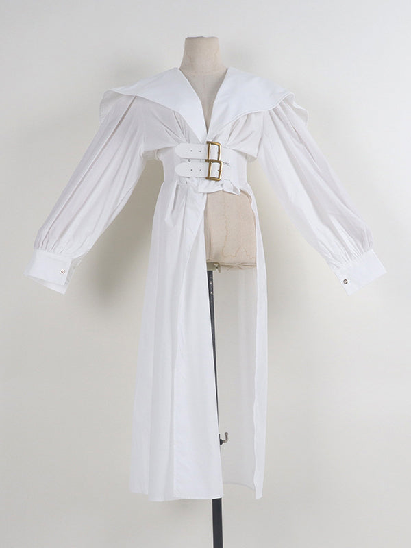 High Waisted Long Sleeves Asymmetric Belted Pleated Color Lapel Midi Dresses