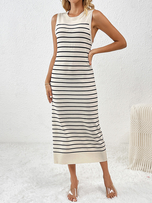 Loose Sleeveless Striped Round-neck Knit Dresses Midi Dresses