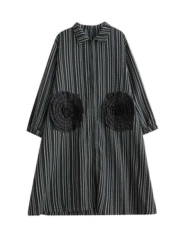 A-line Long Sleeves Elasticity Pockets Striped Zipper Lapel Midi Dresses