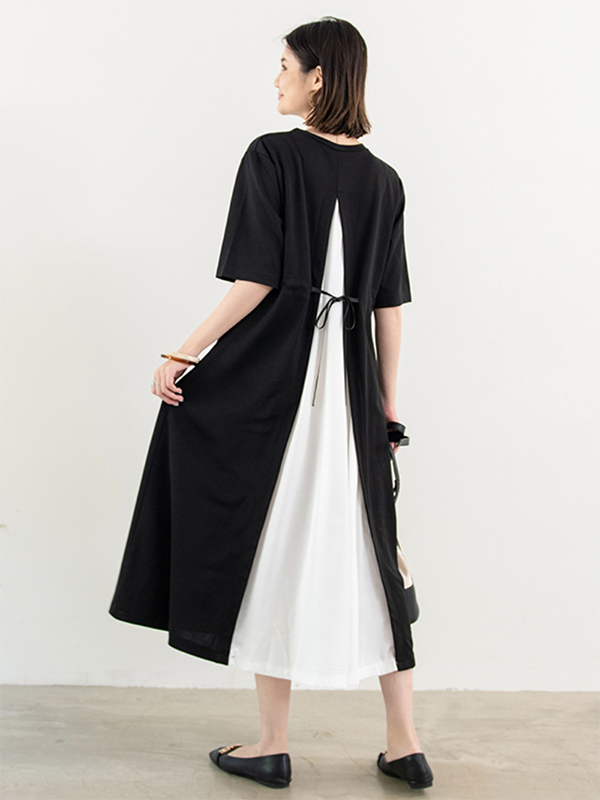 Original Half Sleeves Loose Contrast Color Split-back Round-neck Midi Dresses