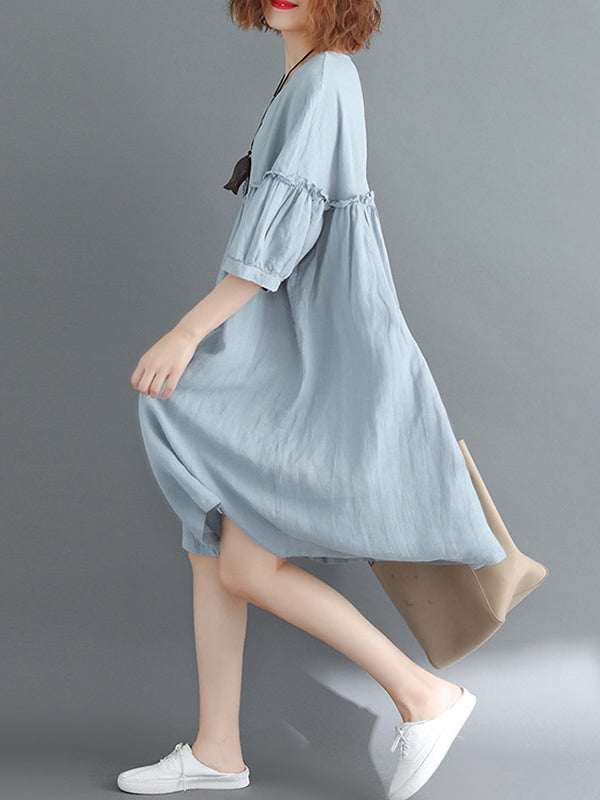 Artistic Retro Loose Falbala Color Pleated Midi Dress