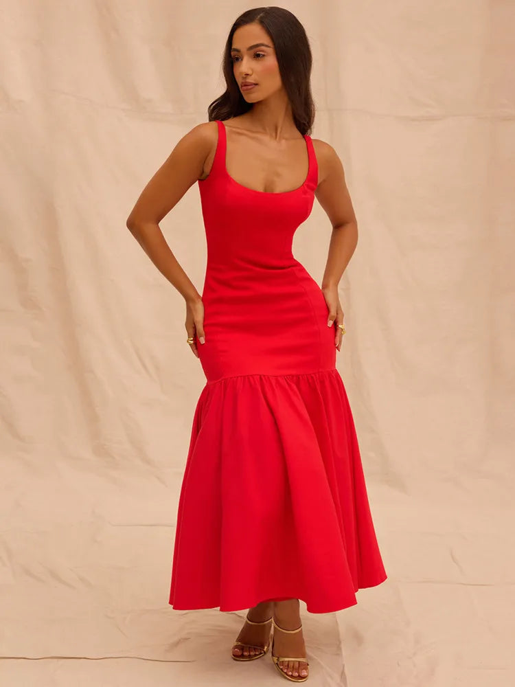 Backless Maxi Fishtail Dress for Gown Square Collar Sleeveless Loose Pleated Long Dress Dresses