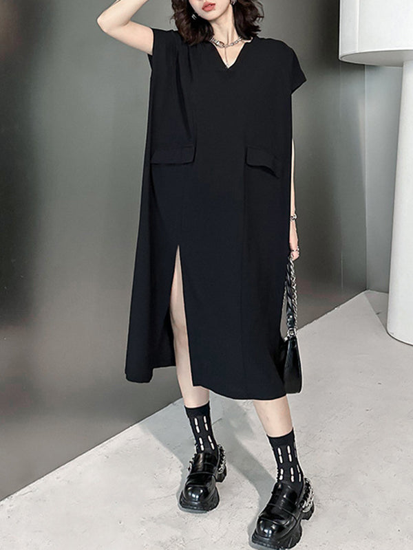 Loose Short Sleeves Asymmetric Color Split-joint Split-side V-neck Midi Dresses