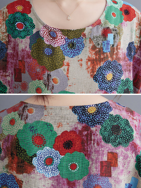 Loose Multi-colored Printed Midi Dress