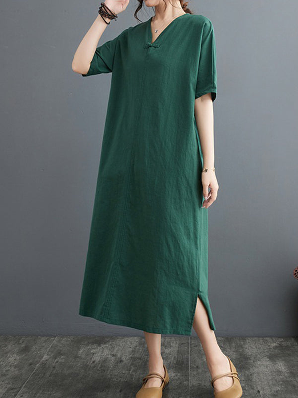 A-line Loose Chinese Frog Buttons Pockets Color Split-side V-neck Midi Dresses