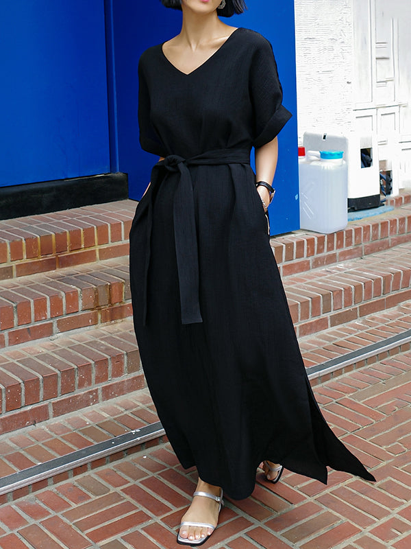 A-line Loose Hollow Color Split-side Tied Waist V-neck Midi Dresses