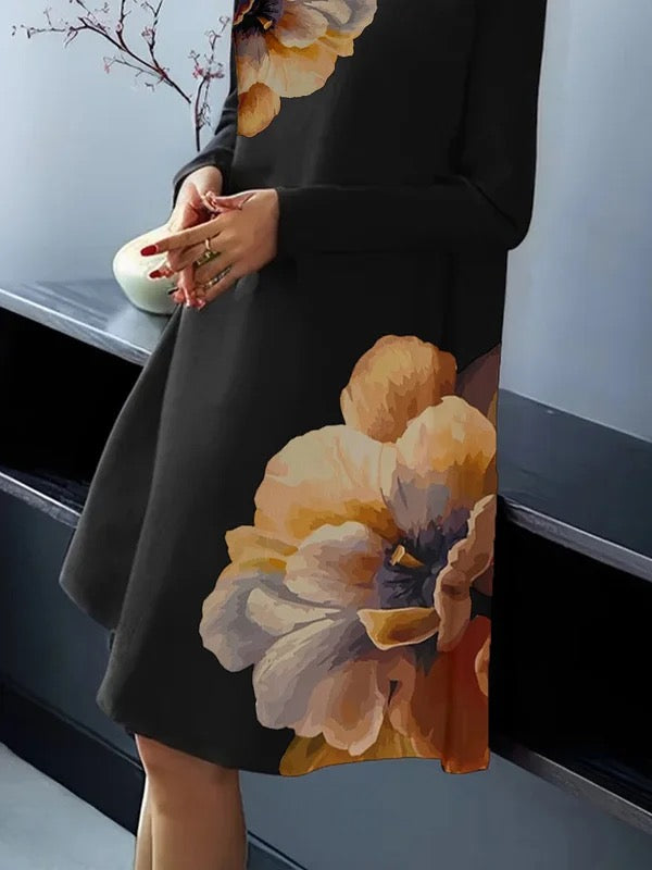 A-line Long Sleeves Flower Print Split-joint Mock Neck Midi Dresses