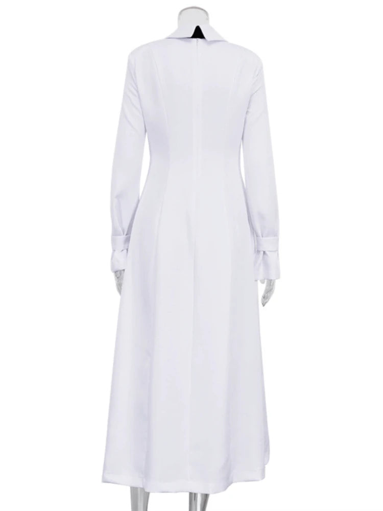 Side Slit Long Dress for White Turn Collar Tie Midi Dresses Femme New Street Loose Slender Dress Woman