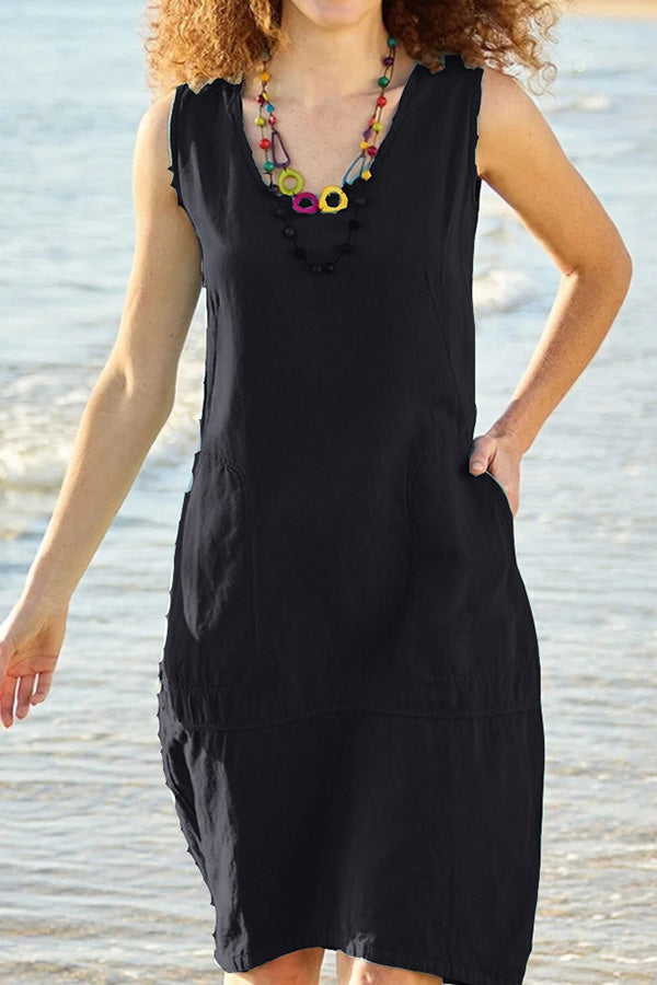 Chun Color Cotton and Linen U-neck Sleeveless Pocket Midi Dress