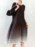 Original Long Sleeves Loose Pleated Gradient Round-neck Midi Dresses