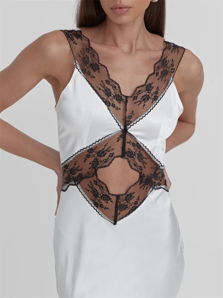 Lace Backless Hollow Out Maxi Dress for Patchwork Printed High Waist Party Dress Female Long Dress