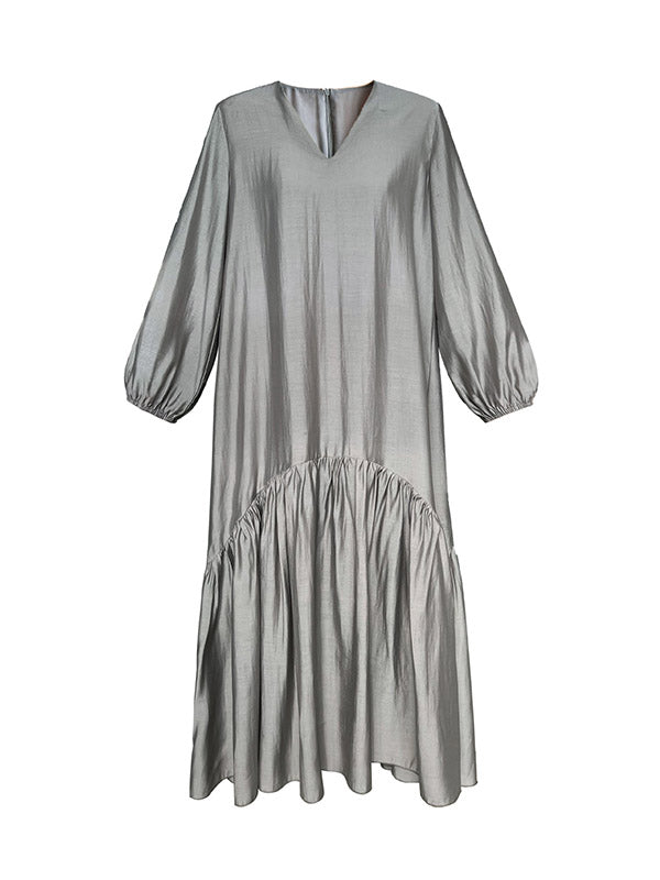High Waisted Long Sleeves Elasticity Pleated Color Split-joint Zipper V-neck Midi Dresses