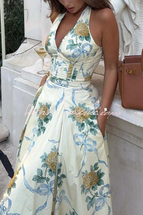 Resort Star Print Waist Halterneck Tie Pocket Midi Dress