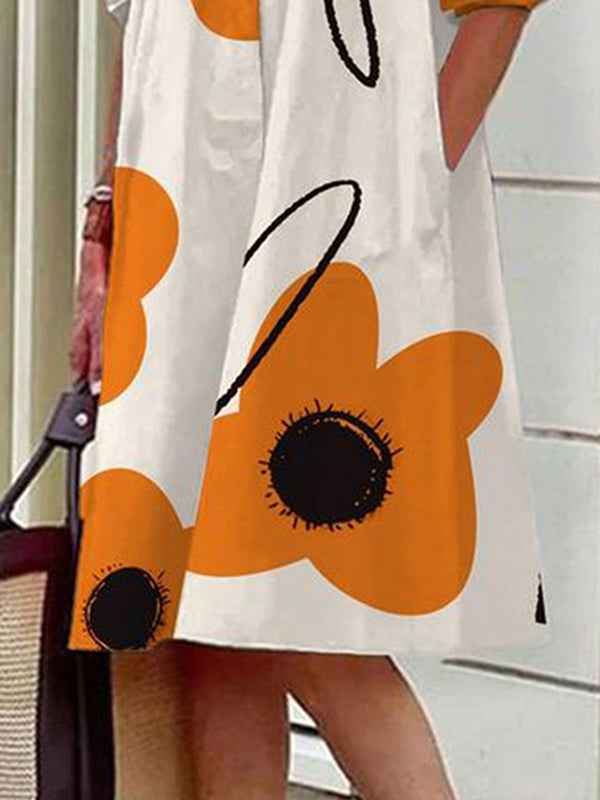 Long Sleeves Loose Flower Print Split-joint Lapel Midi Dresses Shirt Dress